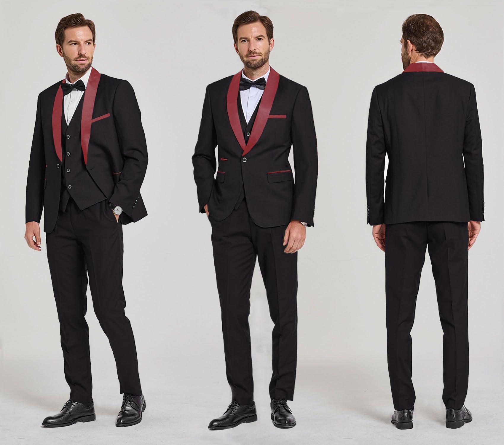 YND Men's 3 Piece Slim Fit Tuxedo Suit Set, One Button Shawl Collar Solid Business Blazer Jacket Vest Pants with Bow Tie, Maroon Collar Black