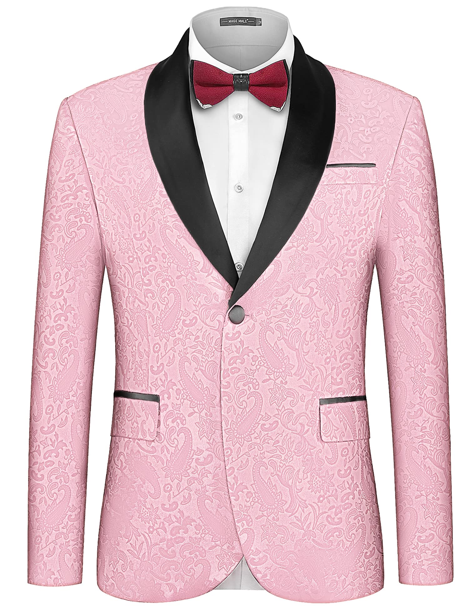 MAGE MALE Mens Floral Tuxedo Jacket Paisley Shawl Lapel One Button Blazer Jacket Slim Fit Dinner Party Prom Tuxedo Pale Pink