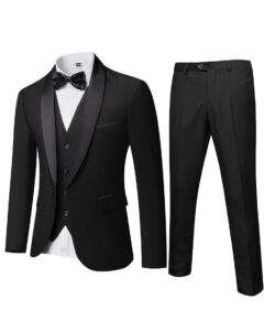 hihawk men's 3 piece slim fit solid tuxedo with stretch fabric, one button shawl collar jacket vest pants with bow tie. black medium