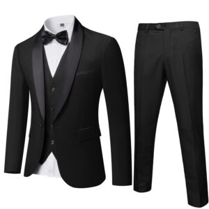 Hihawk Men's 3 Piece Slim Fit Solid Tuxedo with Stretch Fabric, One Button Shawl Collar Jacket Vest Pants with Bow Tie. Black Medium