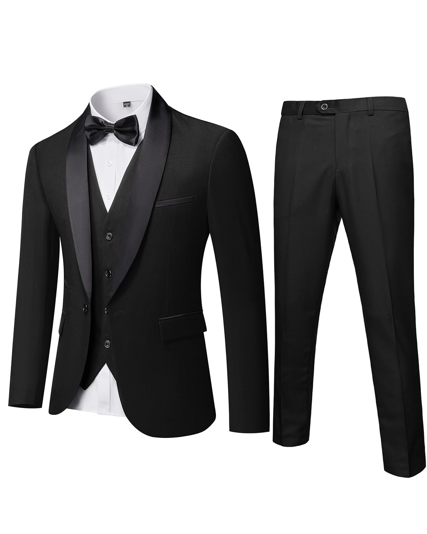 Hihawk Men's 3 Piece Slim Fit Solid Tuxedo with Stretch Fabric, One Button Shawl Collar Jacket Vest Pants with Bow Tie. Black Medium