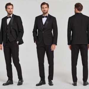 Hihawk Men's 3 Piece Slim Fit Solid Tuxedo with Stretch Fabric, One Button Shawl Collar Jacket Vest Pants with Bow Tie. Black Medium