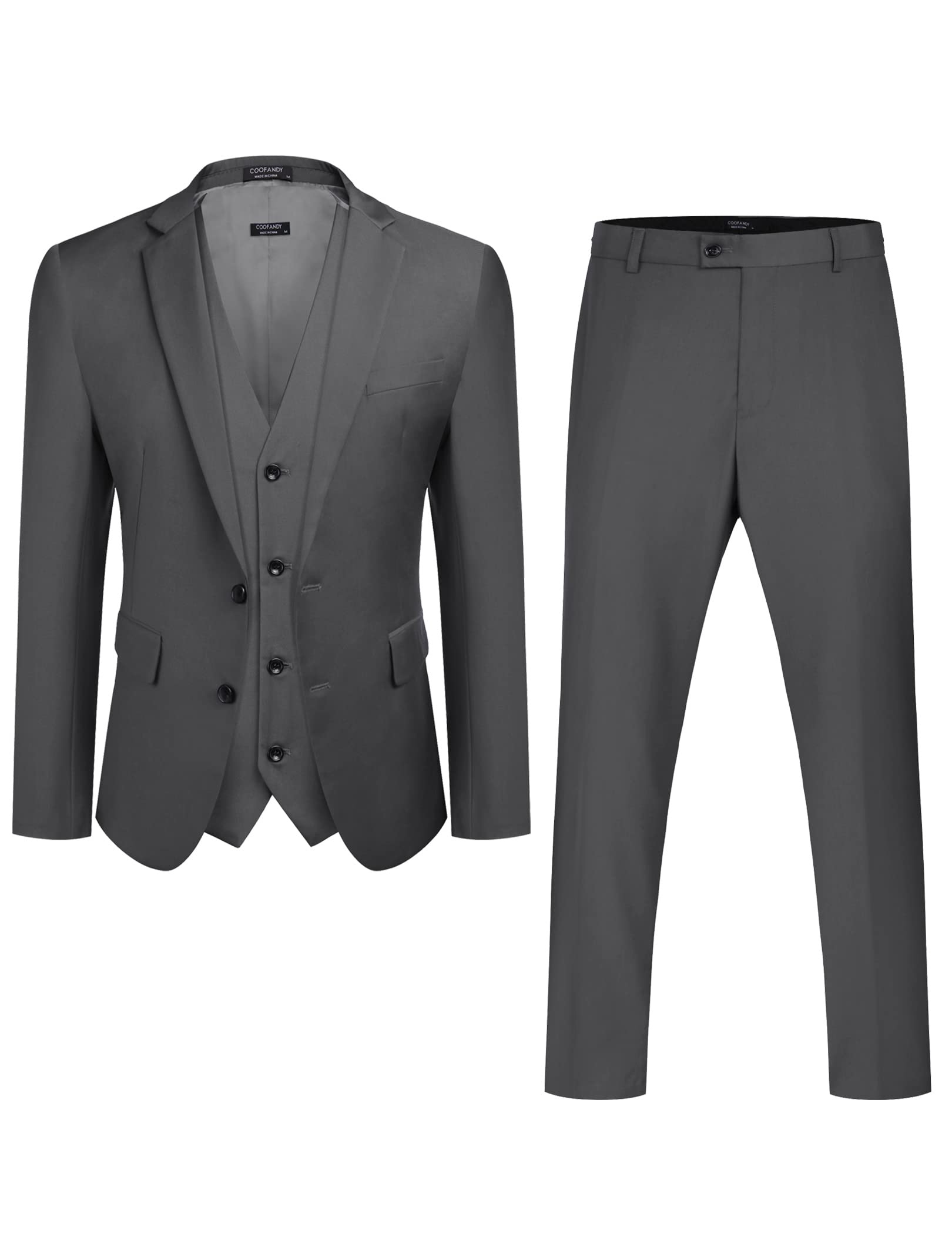 COOFANDY Mens Slim Fit Dress Suit Formal Business Blazer Wedding Prom Blazer Jacket Vest Pants (Dark Grey XS)