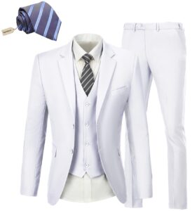 suit for men two button slim fit 3 piece mens suit wedding prom suits blazer tux vest & trousers white m