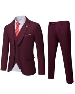 mrsure men’s 3 piece suit blazer, slim fit tux with 2 button, jacket vest pants & tie set for party, wedding and business burgundy