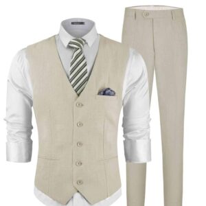 MAGE MALE Men's Linen 2 Piece Suit Slim Fit Wedding Groomsmen Summer Vest Pants Set with Pocket Square