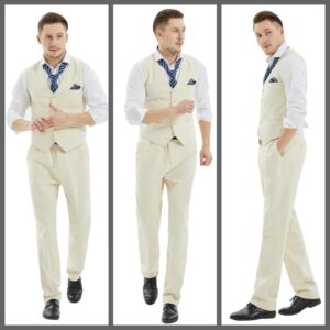 MAGE MALE Men's Linen 2 Piece Suit Slim Fit Wedding Groomsmen Summer Vest Pants Set with Pocket Square