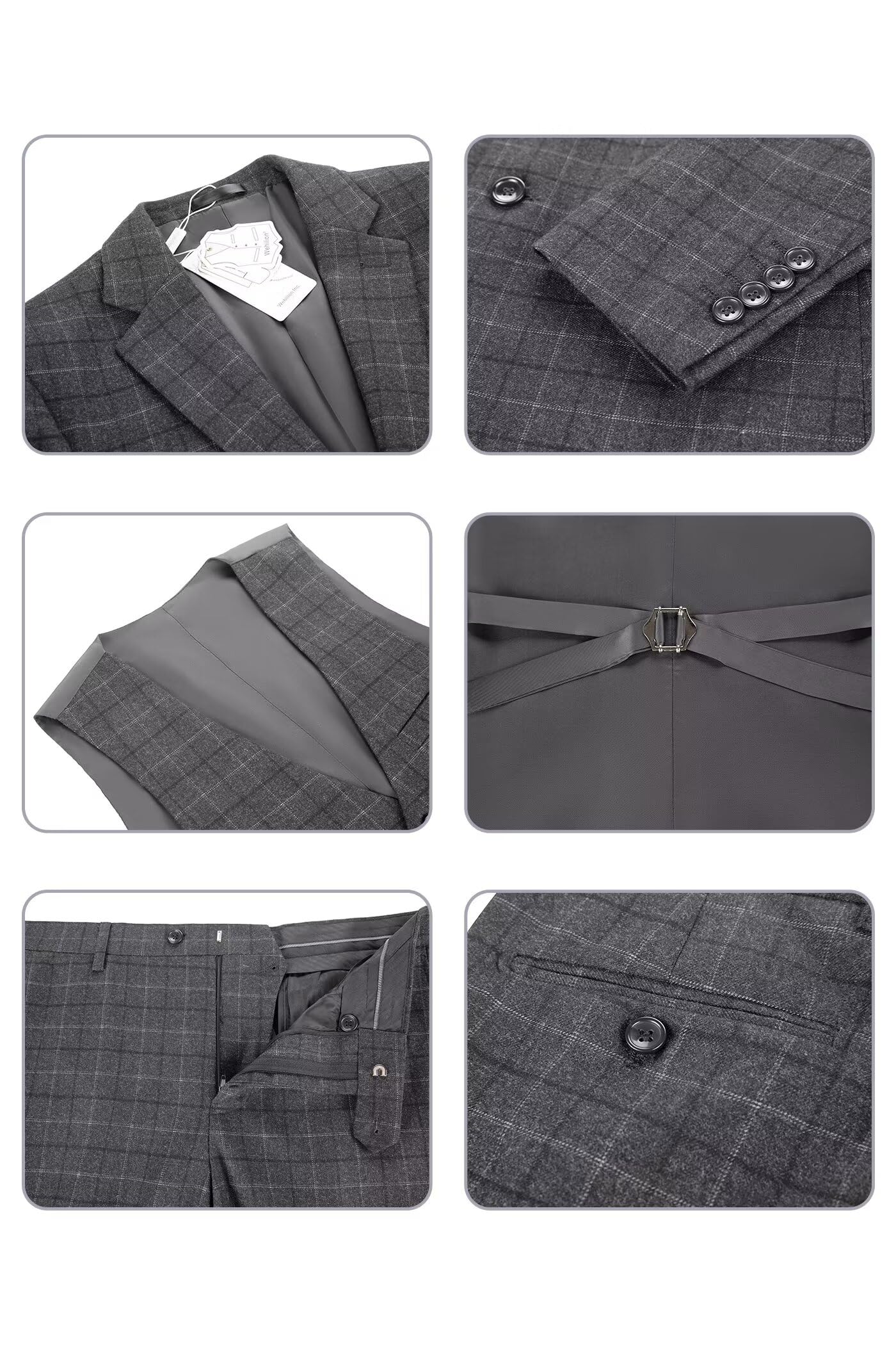 Mens Checked Suit Slim Fit Wedding Suit Casual Plaid Prom Homecoming Suit Dress Tux Suit Grey Blazer Jacket Vest Pants XS