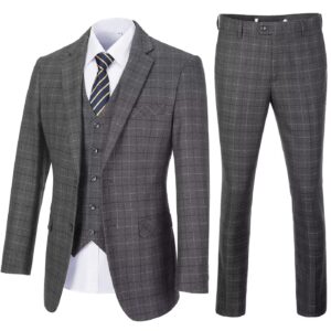 Mens Checked Suit Slim Fit Wedding Suit Casual Plaid Prom Homecoming Suit Dress Tux Suit Grey Blazer Jacket Vest Pants XS