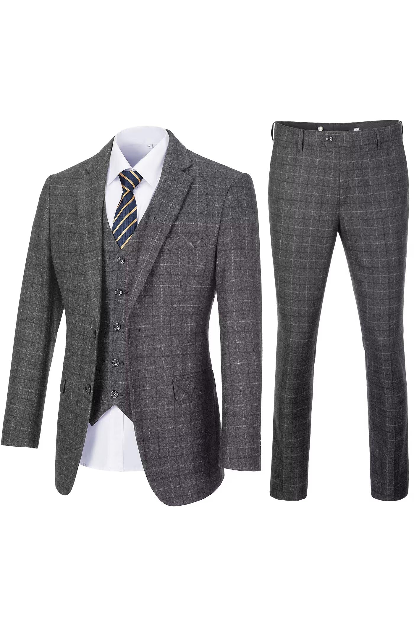 Mens Checked Suit Slim Fit Wedding Suit Casual Plaid Prom Homecoming Suit Dress Tux Suit Grey Blazer Jacket Vest Pants XS