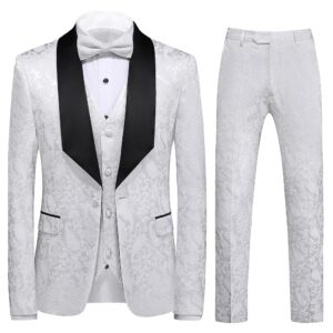 UNINUKOO Mens Suits Slim Fit 3 Piece Jacquard Suit 1 Button Shawl Collar Wedding Formal Tuxedo for Men US Size 32 White