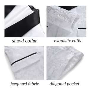 UNINUKOO Mens Suits Slim Fit 3 Piece Jacquard Suit 1 Button Shawl Collar Wedding Formal Tuxedo for Men US Size 32 White