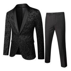 mens 2 piece floral jacquard dress suit set 1 button print dinner jacket pants black