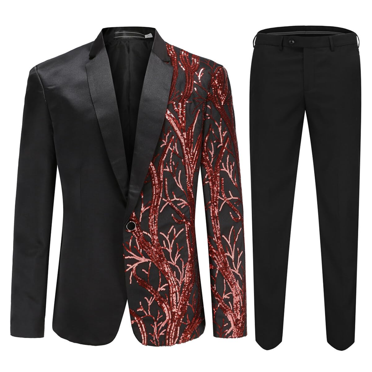 Cloudstyle Mens 2-Piece Suit Casual 1 Button Slim Fit Prom Suit Stylish Sequin Dinner Tux Black - Red