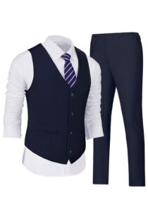 wehilion men's suits 2 pieces, navy blue vest pants set for men v-neck slim fit casual waistcoat suit nv-xs