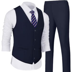 Wehilion Men's Suits 2 Pieces, Navy Blue Vest Pants Set for Men V-Neck Slim Fit Casual Waistcoat Suit nv-xs