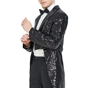 MAGE MALE Mens Sequin Tuxedo Jacket Tails Slim Fit Tailcoat Dress Coat Swallowtail Dinner Party Wedding Blazer Suit Jacket Black