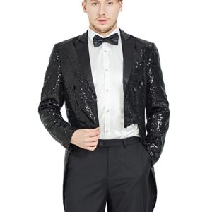 MAGE MALE Mens Sequin Tuxedo Jacket Tails Slim Fit Tailcoat Dress Coat Swallowtail Dinner Party Wedding Blazer Suit Jacket Black