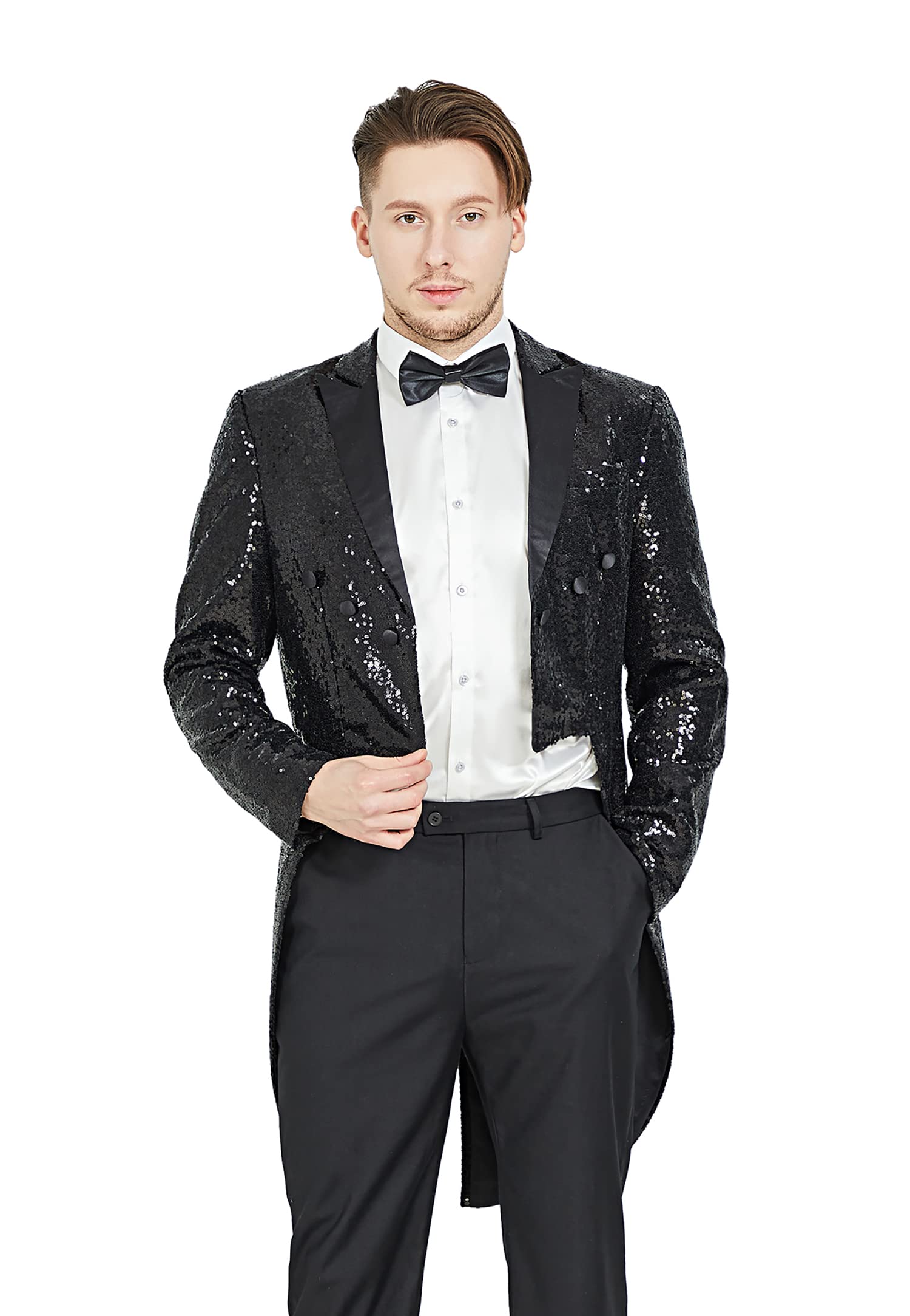 MAGE MALE Mens Sequin Tuxedo Jacket Tails Slim Fit Tailcoat Dress Coat Swallowtail Dinner Party Wedding Blazer Suit Jacket Black