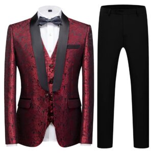 mens tuxedo suits slim fit 3 piece formal skinny tuxedo suit set shawl lapel paisley suits men for wedding prom red