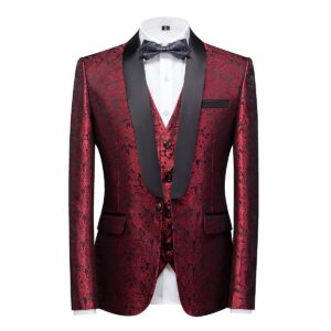 Mens Tuxedo Suits Slim Fit 3 Piece Formal Skinny Tuxedo Suit Set Shawl Lapel Paisley Suits Men for Wedding Prom Red