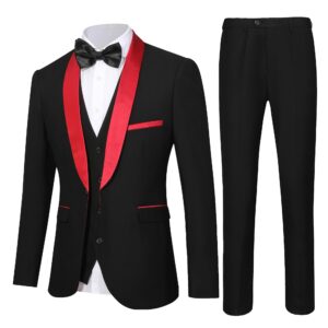 livezou black and red suits for men classic fit tuxedo blazer vest pants set 3 pieces groom groomsmen wedding prom dress suit size xs