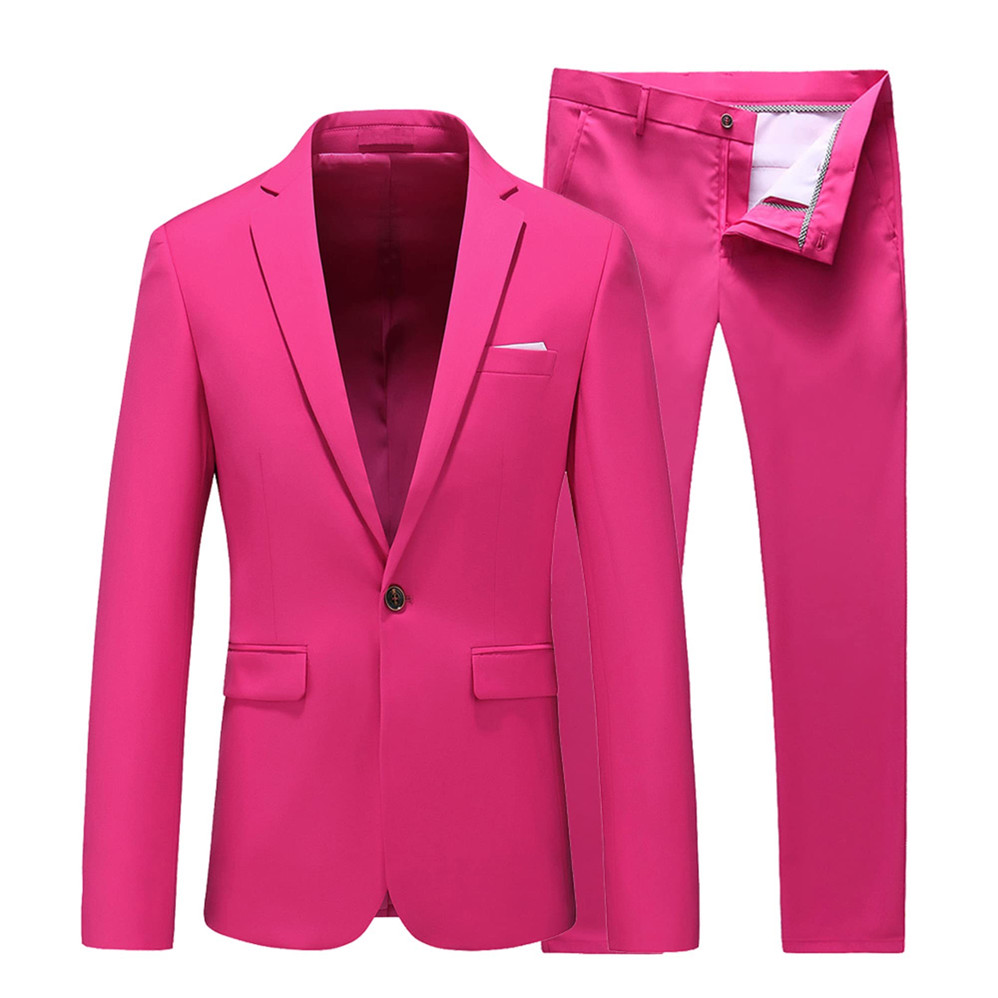 UNINUKOO Mens Suit Slim Fit 1 Button 2 Piece Wedding Party Holiday Solid Color Tux Suits for Men US Size 30 Pink