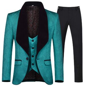 YFFUSHI Men's 3 Piece Suit Slim Fit Jacquard Tuxedo One Button Shawl Collar Jacket Vest & Trousers Green