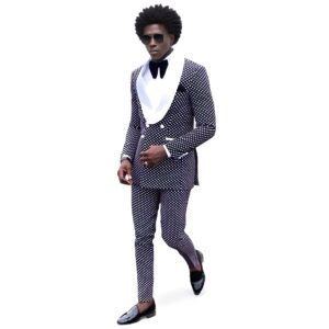 Allingentle Polka Dots Suits for Men Dark Blue & White Men's Suits Flocking Dinner Dress Jackets for Men Blazer Wedding Tuxedo Mens Suits Regular Fit 2 Piece (Blazer + Pant)