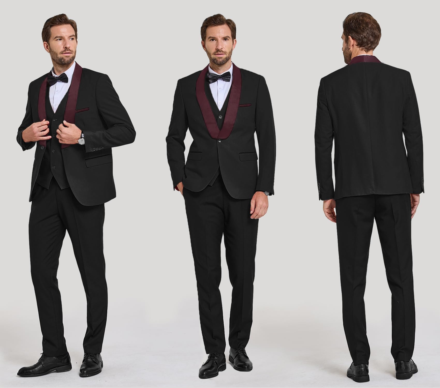 YND Men's 3 Piece Slim Fit Tuxedo Suit Set, One Button Shawl Lapel Solid Blazer, Jacket Vest Pants with Bow Tie, Maroon Collar Black