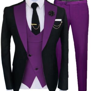 Men's Formal Wear Slim Fit 3 Piece Suit One Button Business Wedding Prom Suits Blazer Tux Vest & Trousers Purple