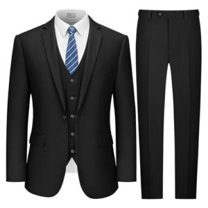 LUPURTY Suits for Men, 3 Piece Men's Suit Slim Fit, Solid Jacket Vest Pants with Tie, One Button Tuxedo Set, Black XS