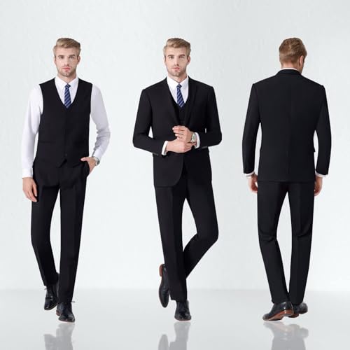 LUPURTY Suits for Men, 3 Piece Men's Suit Slim Fit, Solid Jacket Vest Pants with Tie, One Button Tuxedo Set, Black XS