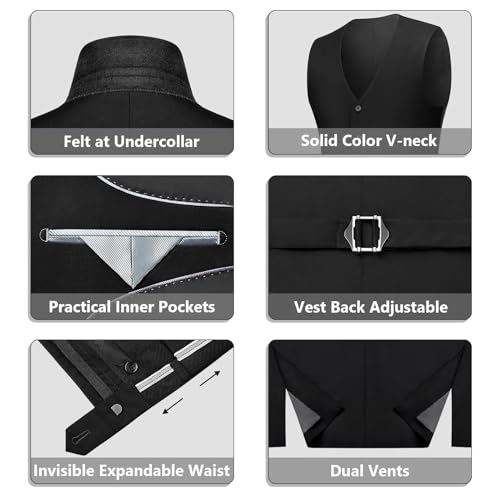 LUPURTY Suits for Men, 3 Piece Men's Suit Slim Fit, Solid Jacket Vest Pants with Tie, One Button Tuxedo Set, Black XS