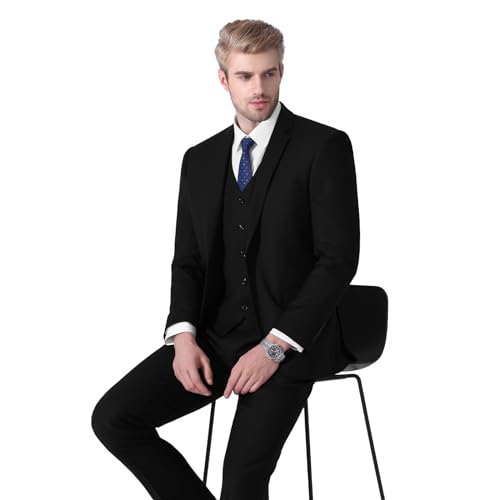 LUPURTY Suits for Men, 3 Piece Men's Suit Slim Fit, Solid Jacket Vest Pants with Tie, One Button Tuxedo Set, Black XS