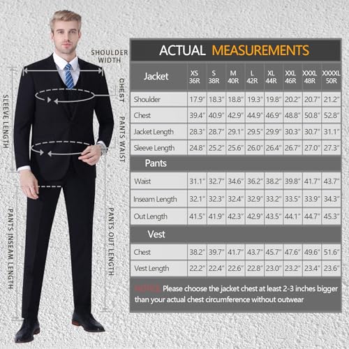 LUPURTY Suits for Men, 3 Piece Men's Suit Slim Fit, Solid Jacket Vest Pants with Tie, One Button Tuxedo Set, Black XS