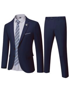 ynd men's slim fit 2 piece suit, 2 button notch lapel solid jacket pants set with tie, party wedding dress blazer tux deep blue