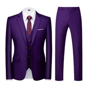 Mens 3 Piece Formal Suits Slim Fit Casual Tuxedo Suit Blazer Two Button Wedding Prom Jackets Vest&Trousers Purple