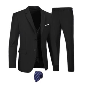 men's 3 piece slim fit suit set, black suits for men,two button prom tuxedo blazer solid jacket vest pants wedding business suit with tie-s