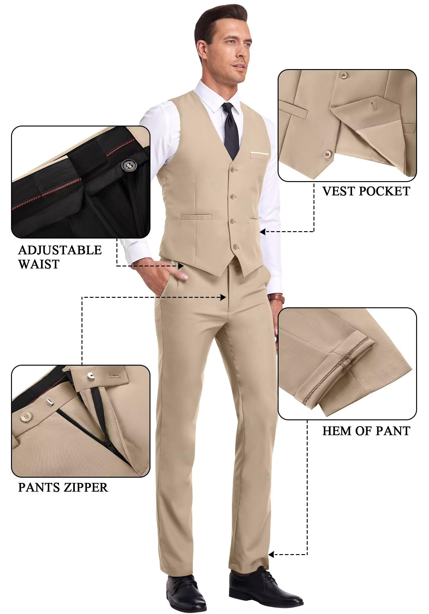 Suits for Men 3-Piece Slim Fit Business Suit Prom Tuxedo, Two Button Wedding Blazer Vest Pants Set Champagne-XL