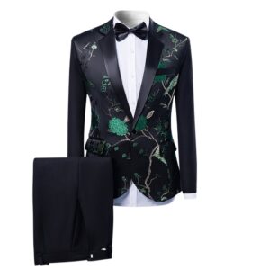 Mens 2-Piece Suits One Button Floral Blazer Dinner Jacket and Pants (Green, Medium)