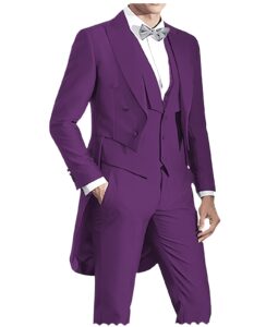 men's tailcoat 3 pieces formal stylish suits prom tuxedos tail coat wedding groomsmen(blazer+vest+pants(34,purple)