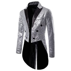 mens sequin tuxedo tailcoat swallowtail suit jacket dinner prom party wedding blazer slim fit show tux dress coat silver