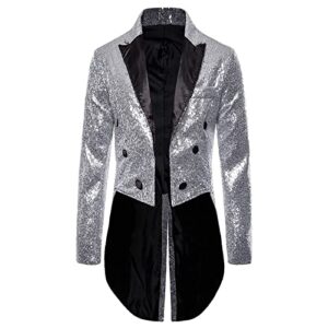 Mens Sequin Tuxedo Tailcoat Swallowtail Suit Jacket Dinner Prom Party Wedding Blazer Slim Fit Show Tux Dress Coat Silver