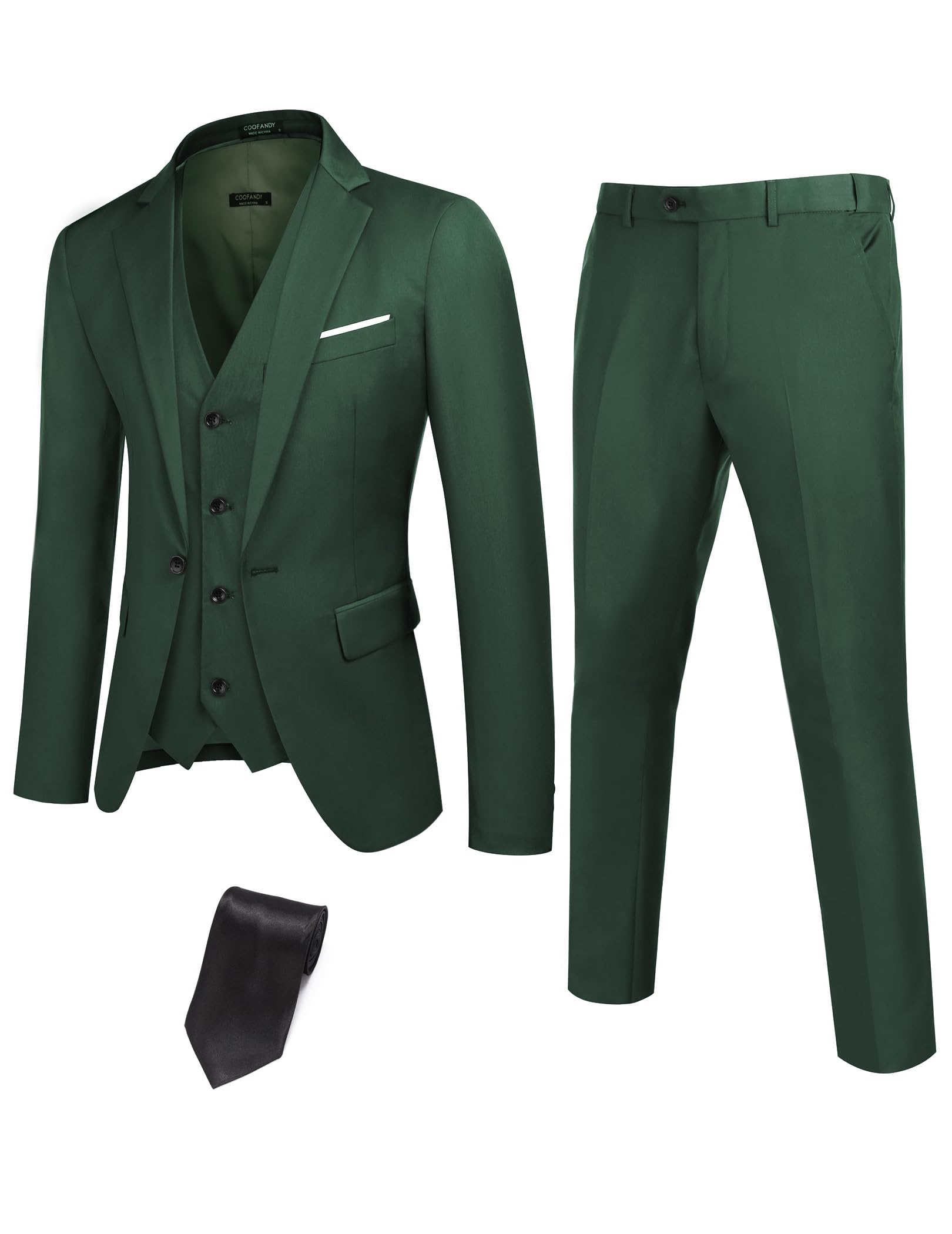 COOFANDY Mens 3 Piece Suits One Button Blazer Jacket Slim Fit Vest Suit Pant with Tie Deep Green