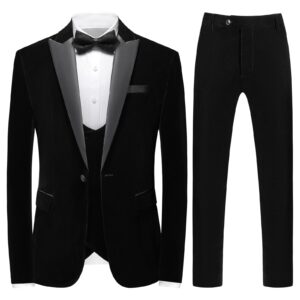 kudoro mens velvet 3 piece suits slim fit peaked lapel one button tuxedo dinner jacket vest pants suit black