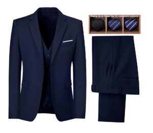 mens 3 piece suit jacket vest pants for wedding and formal events regular classic fit suits for men navy-m