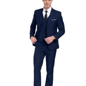 Mens 3 Piece Suit Jacket Vest Pants for Wedding and Formal Events Regular Classic Fit Suits for Men Navy-M