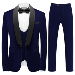 mens velvet 3 piece tuxedo suits slim fit shawl collar one button dinner prom jacket vest pants suit set navy blue