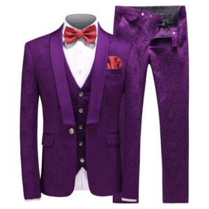 UNINUKOO Mens 3 Piece Suit Jacquard Floral Shawl Lapel Fancy Suits for Men Wedding Party Prom Tuxedo Suit Set US Size 32 Purple